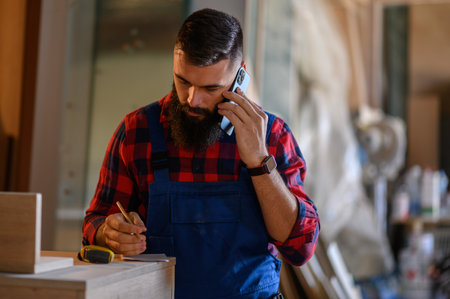 Young male carpenter working in workshop and using smartphone while talking with a clientの写真素材