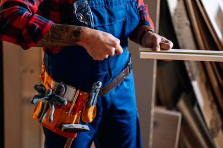Young male carpenter working in workshop and measuring with meterの写真素材