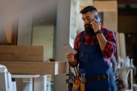 Young male carpenter working in workshop and using smartphone while talking with a clientの写真素材