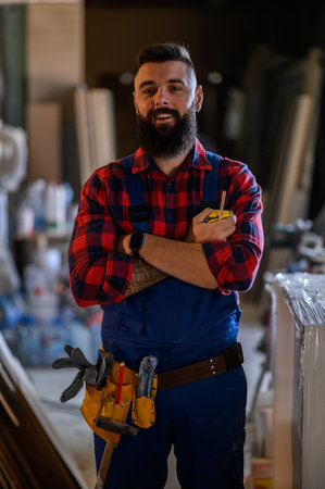 Young male carpenter working in workshopの写真素材