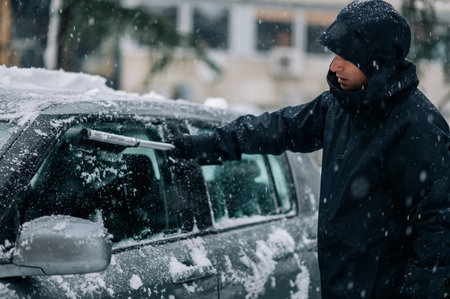 Man cleaning snow from the car after a heavy snowfall. Middle aged man removing snow from car with brush and scraper tool. A car covered with snow.の写真素材