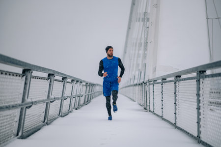 Handsome caucasian in sportswear running on the bridge while snowing. Fit sportsman running on a cold winter day. Urban city jogger.の写真素材
