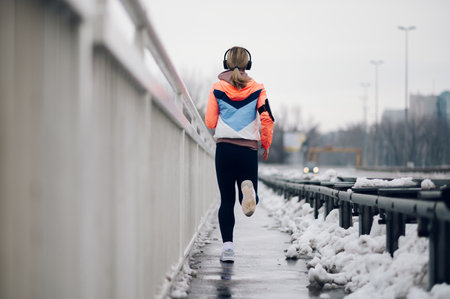 Rear backside view of a woman jogging on a bridge with snow on cold winter day. Urban city jogger. Woman in sportswear running on a bridge while snowing.の写真素材