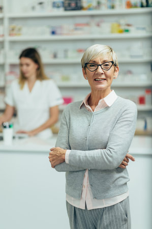 Smiling senior female patient in a pharmacyの写真素材