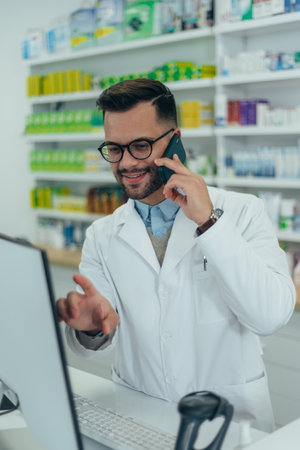 Portrait of a handsome pharmacist working in a pharmacy and using a smartphoneの写真素材