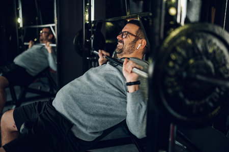 Fat man in the gym performs barbell lifting exercises at the limit of his power.Concept of healthy lifestyle. Overweight.の写真素材