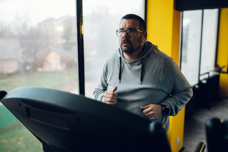 Overweight middle aged man in sportswear running on treadmill in the gym. Fitness and healthy...