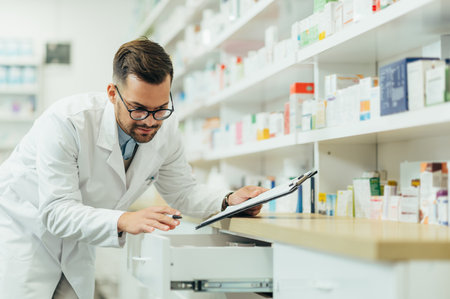Portrait of a handsome pharmacist working in a pharmacy while checking medications on the shelfの写真素材