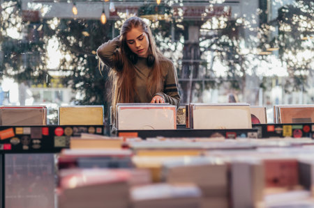 Young beautiful woman with headphones in a vinyl store choosing records. Vintage Vinyl LP In Records Shop.の素材 [FY310196428066]