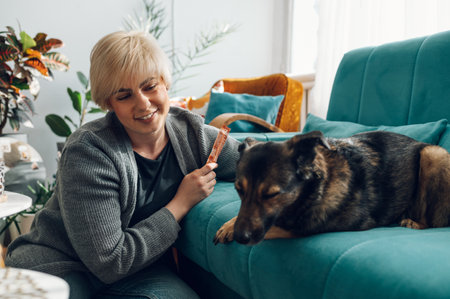 Happy hipster woman playing and bonding with her dog while relaxing on the couch at home. Love for pets concept. Pet loyalty and companionship.の写真素材