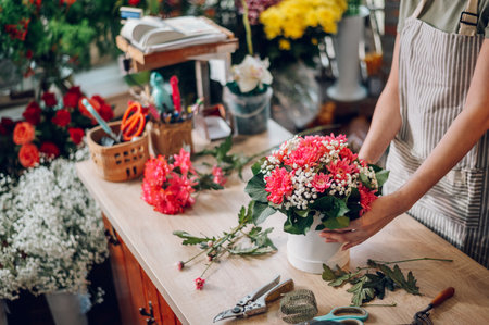 Beautiful young woman florist hands making a fashionable flower box bouquet for a client special occasion. Beautiful bouquet of mixed flowers. Floral shop concept.の写真素材