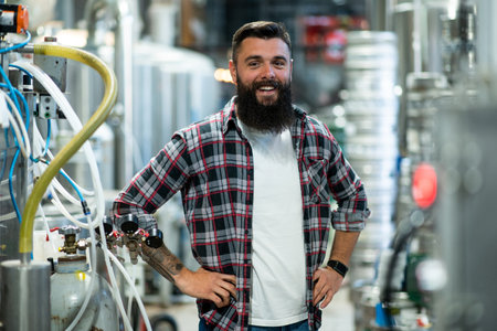 Young bearded man standing by beer filling machine and posing. Brewery worker with industrial equipment. Looking into the camera. Wearing checkered shirt and smiling.の写真素材