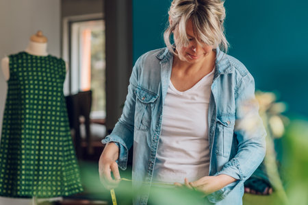 Creative middle aged woman tailor using tailor's meter while sewing clothes on the table. Woman seamstress working from home and tailoring beautiful handmade dresses.の写真素材