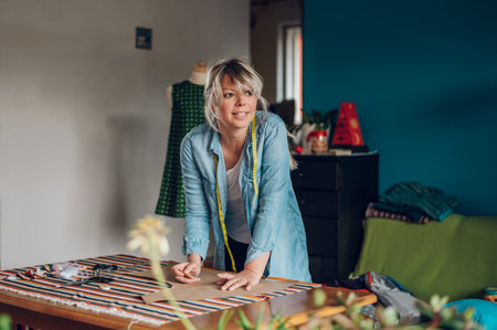 Blonde middle aged woman dressmaker making pattern with chalk on fabric for sewing clothes while working at home. Small business home concept. Portrait of a beautiful middle aged woman tailor.の写真素材
