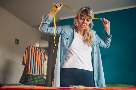 Concentrated middle aged woman tailor using tailors meter for measuring textile pattern for sewing machine. Workplace of a dressmaker. Handmade concept.の写真素材