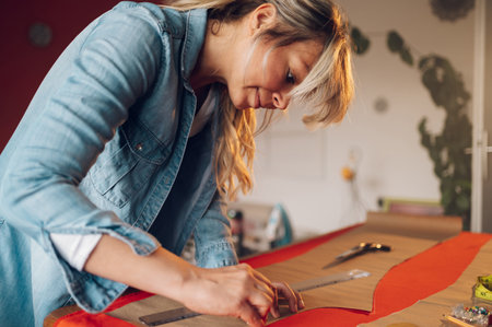 Middle aged female designer cuts out pattern of fabric from sketch line with scissors for tailoring dresses and clothes. Workplace of a dressmaker tailor.の写真素材
