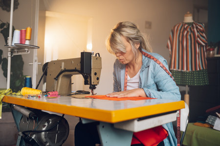 Gorgeous middle aged tailor woman sewing at her workshop. Dressmaker working on the sewing machine. Tailor making a garment while working at home. Fashion designer work. Designer clothes.の写真素材