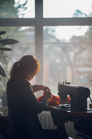 Silhouette of a blonde middle aged tailor woman sews clothes on sewing machine while working at home. Dressmaker working on the sewing machine. Fashion designer concept. Moody atmosphere.の写真素材