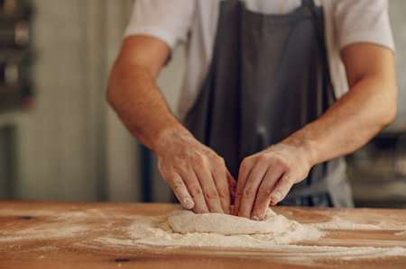 Skilled chef preparing dough for pizza rolling with hands while working in a pizza place. The process of making pizza. Focus on man hands preparing the dough.の写真素材