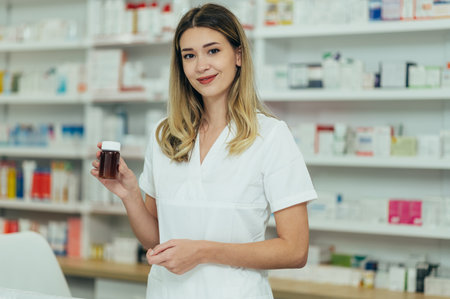 Portrait of a beautiful female pharmacist working in a pharmacy and holding bottle of medicationsの写真素材