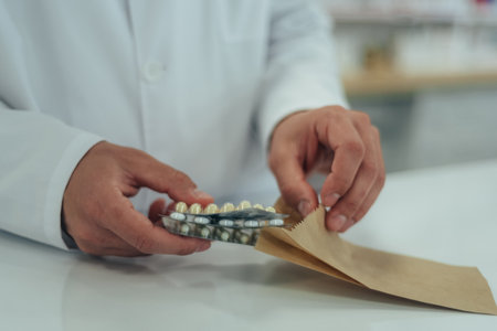 Hands of a pharmacist packing medications in a paper bag while working in a pharmacyの写真素材