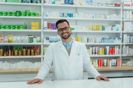 Portrait of a handsome pharmacist working in a pharmacyの写真素材
