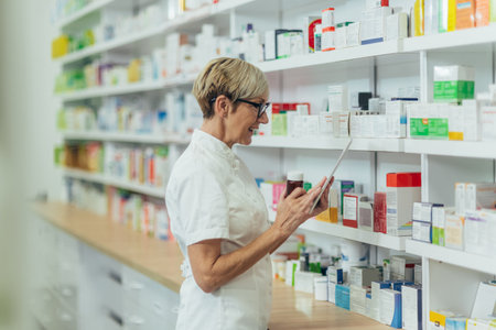 Beautiful senior female pharmacist checking medications on a shelf and using a tablet while working in a pharmacyの写真素材