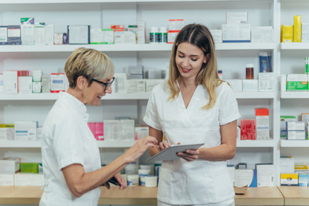 Senior female pharmacist talking with a young colleague and using a digital tablet while having a conversation about their expertiseの写真素材