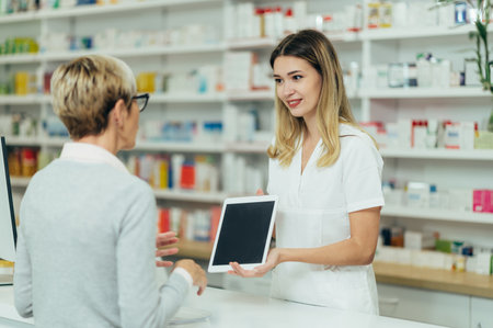 Female pharmacist selling medications at drugstore to a senior woman customer while showing her tabletの写真素材