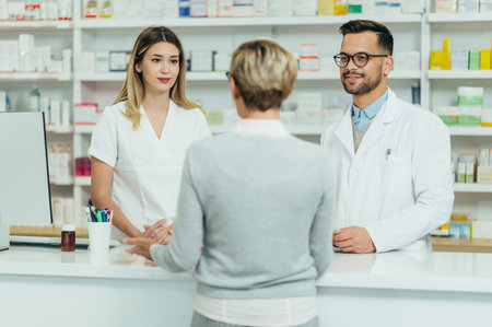 Two pharmacist giving prescription medications to senior female customer in a pharmacyの写真素材