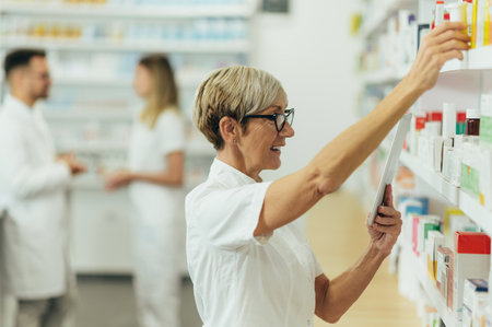 Beautiful senior female pharmacist checking medications on a shelf and using a tablet while working in a pharmacyの写真素材