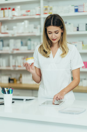 Portrait of a beautiful female pharmacist working in a pharmacy and using tabletの写真素材