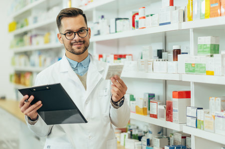 Portrait of a handsome pharmacist working in a pharmacy while checking medications on the shelfの写真素材