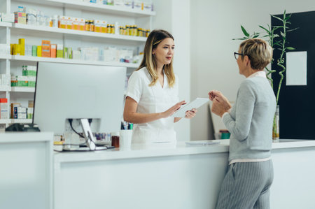 Female pharmacist selling medications at drugstore to a senior woman customer while using a tabletの写真素材