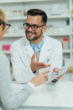 Male pharmacist selling medications at drugstore to a senior woman customer while showing her tabletの写真素材