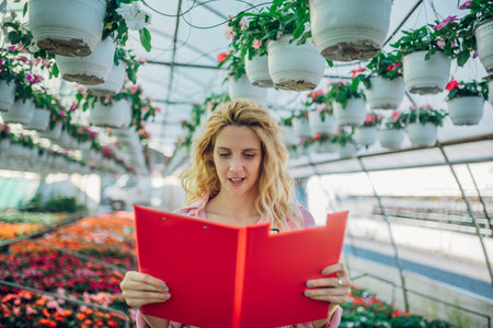 Successful female owner of greenhouse controlling process of growing of flowers planted in pots. A woman gardener holding a red binder with flower orders.の写真素材