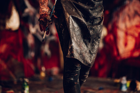 Female painter hand with paintbrush drawing drip painting picture, abstract colorful splash and strokes. Hand holding drawing classes tools in art studio.の写真素材