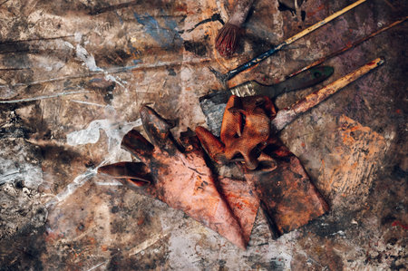 Close shot of a colorful paintbrushes and dirty gloves laying on the floor after painter using them while painting in a studio. Paints and brushes background. Art class, art school.の写真素材