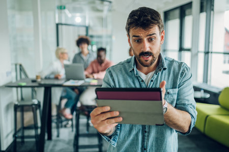 Portrait of a young business man using tablet and standing in office with colleagues meeting in background. Young business man in casual clothes being angry at the documents on the tablet.の写真素材