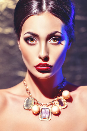 Beauty fashion dark hairy model with red lipsの写真素材