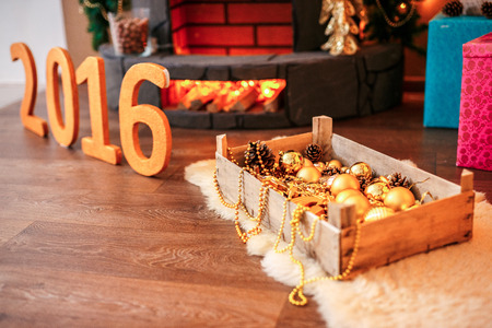 new year decoration. handmade toys. boxes. candles. etc. trend of a new year.の写真素材