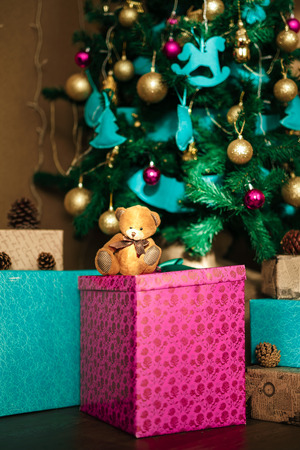 new year decoration. handmade toys. boxes. candles. etc. trend of a new year.の写真素材