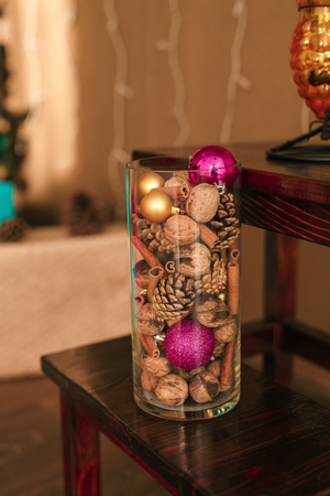 new year decoration. handmade toys. boxes. candles. etc. trend of a new year.の写真素材