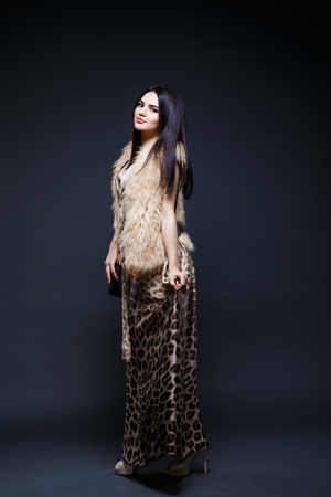Fashion seductive black hair lady in an elegant fur coat and leopard dress on a dark backgroundの写真素材