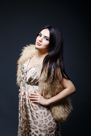 Fashion seductive black hair lady in an elegant fur coat and leopard dress on a dark backgroundの写真素材