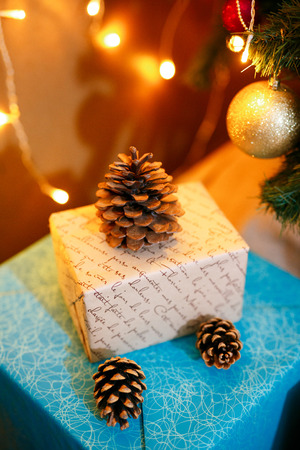 new year decoration. handmade toys. boxes. candles. etc. trend of a new year.の写真素材