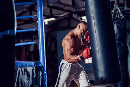Male boxer training with punching bag in dark sports hall. Young boxer training on punching bag. Male boxer as exercise for the big fight. Boxer hits punching bag.の写真素材