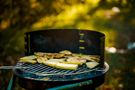 Grilled vegetables on pan on bbq otdoor