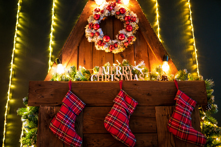 Beautiful classic red Christmas room decor. Firelpaceの写真素材