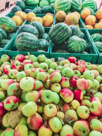 Assortment of fresh apple and other fruits at market.の写真素材